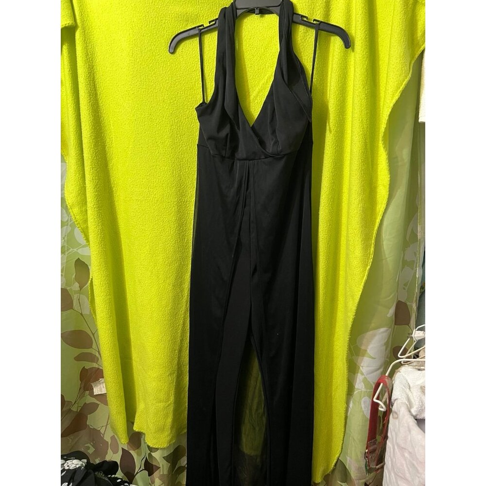 Vintage Black Halter Jumpsuit Chiffon Overlay Skirt & Open Back Design L ENT